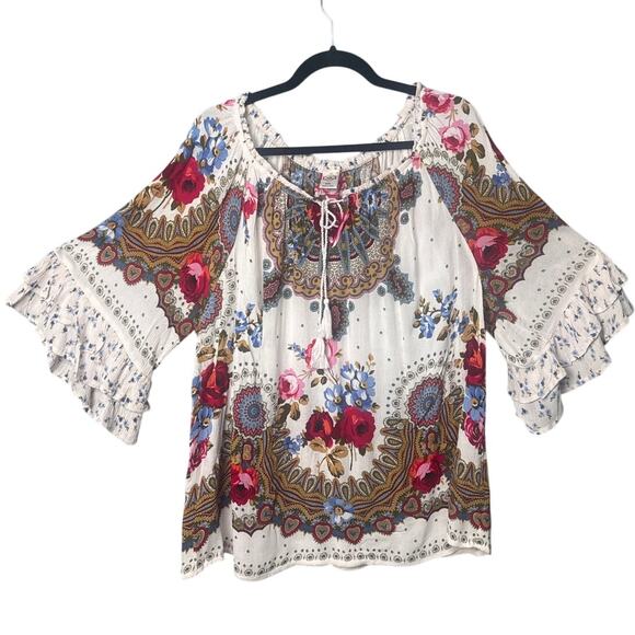 Bila Womens Plus Size Peasant Blouse Size XXL Floral Flowy Bohemian Beachy - Picture 1 of 8